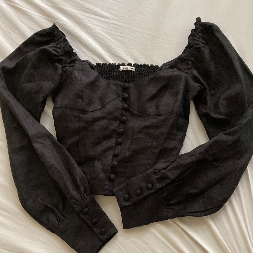 Reformation Hogan Long Sleeve Linen Top Black Size 4 - Picture 5 of 8